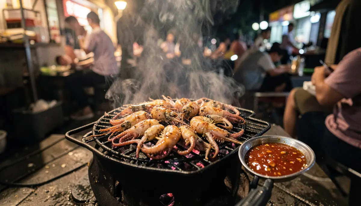 Tôm mực nướng than bên chén tương ớt đỏ cam