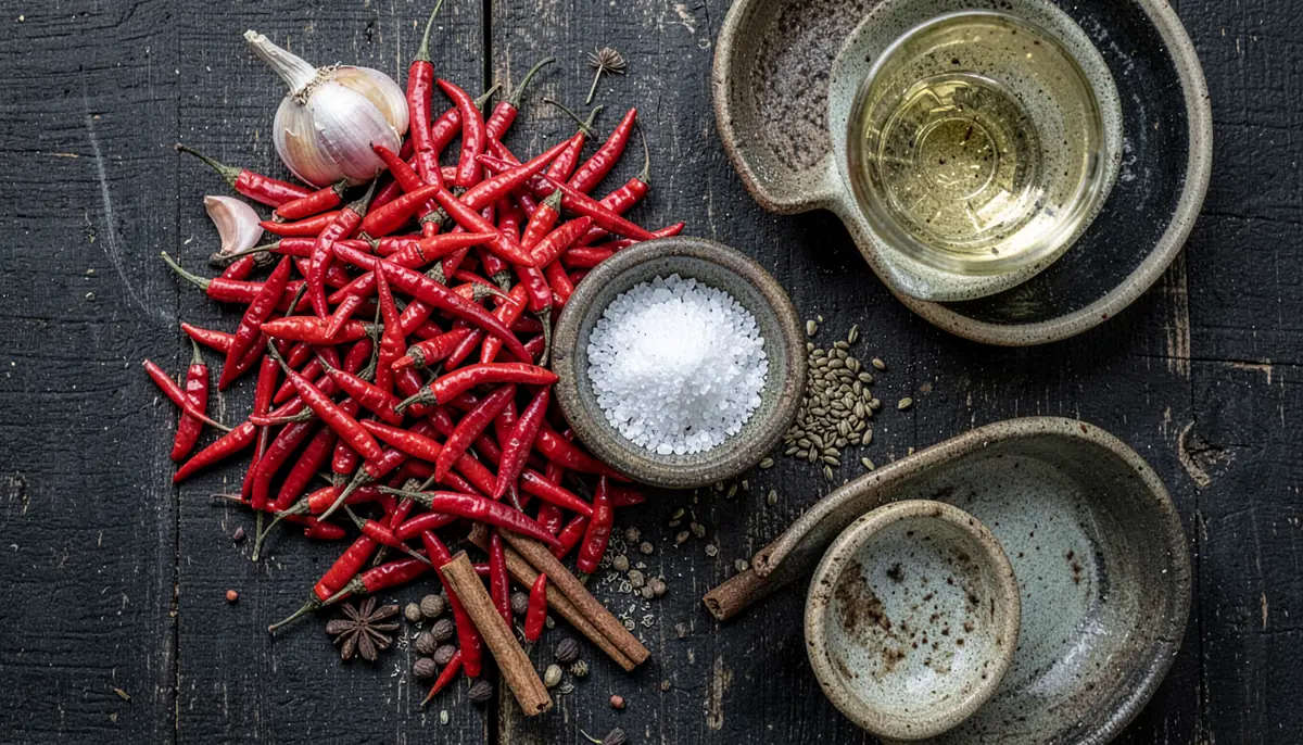 Nguyên liệu làm tương ớt truyền thống: ớt đỏ, tỏi, muối, hạt thì là, hạt mùi, thảo quả, quế, rượu ngô