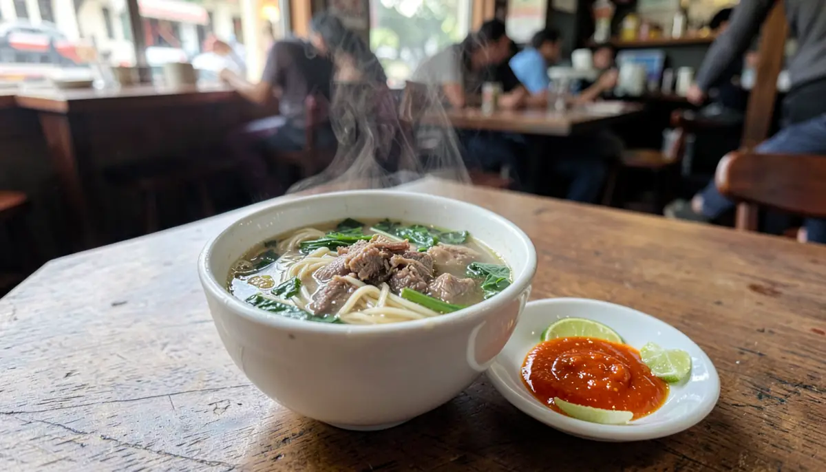 Bát phở bò nóng bên đĩa tương ớt đỏ cam và chanh