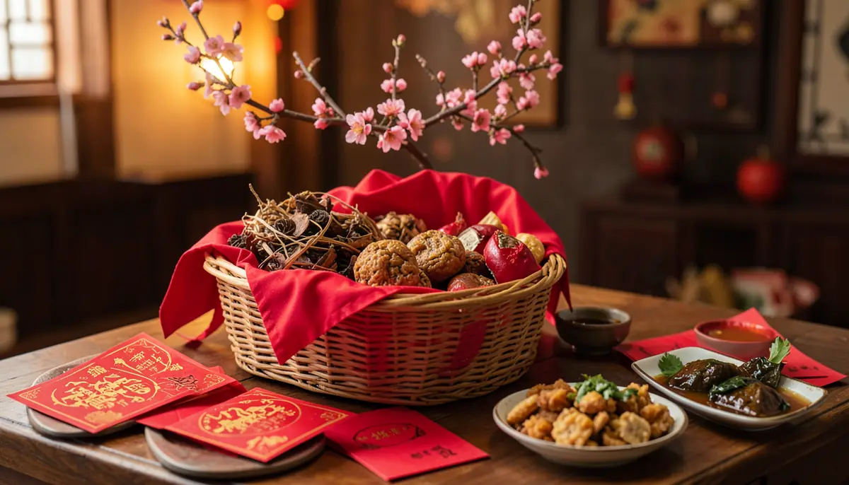 Giỏ quà Tết đặc sản bọc vải đỏ bên cành đào và bao lì xì
