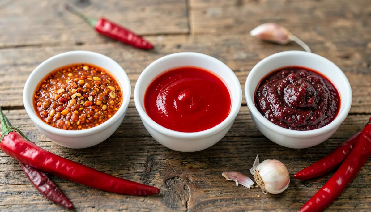 Ba bát tương ớt khác nhau: tương ớt lên men lợn cợn, tương ớt mịn bóng và tương ớt đặc sẫm màu