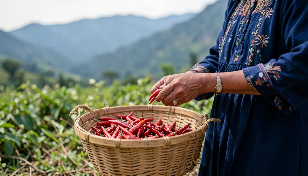 Người nông dân vùng cao thu hoạch ớt thóc chín đỏ vào gùi tre