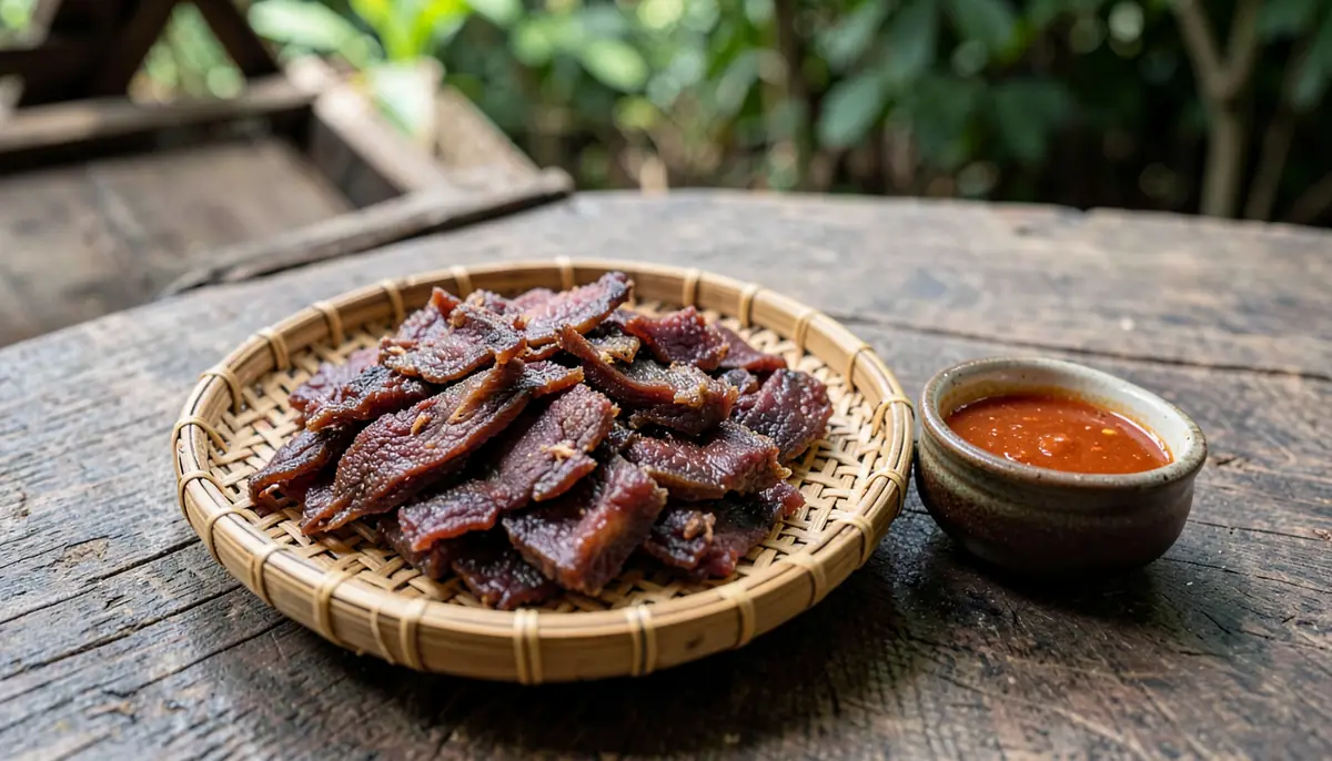 Thịt trâu gác bếp xé sợi bên chén tương ớt đỏ cam